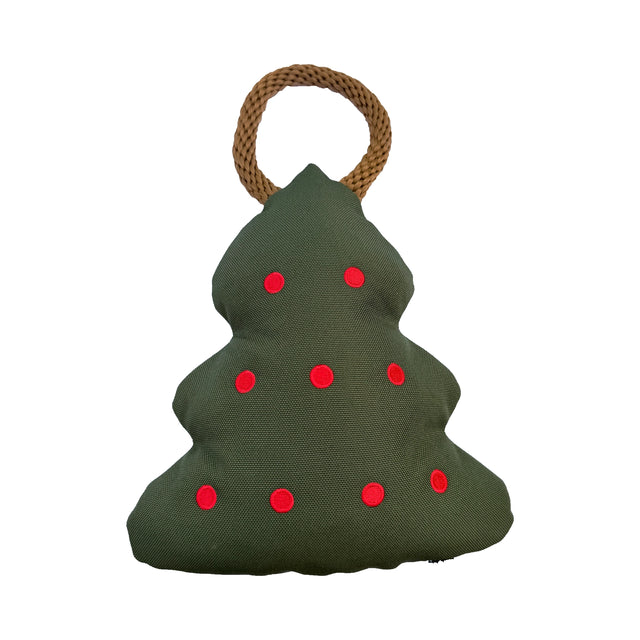 Green Holiday Tree dog toy with red embroidered dots and a brown rope handle