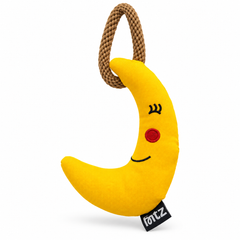 The Luna Dog Toy: yellow moon-shaped tug toy with rope handle