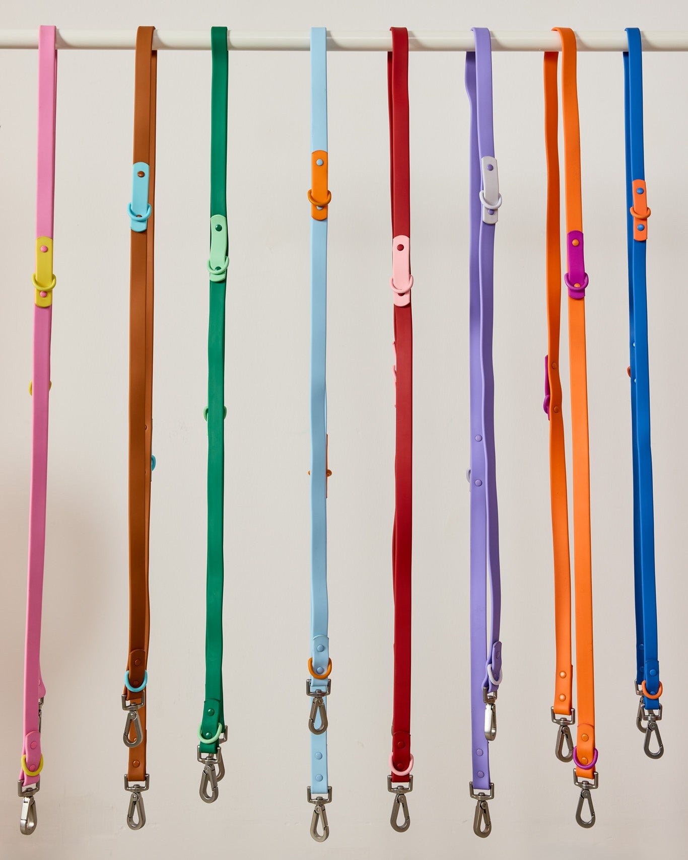Set of colorful dog leashes hanging on a rack against a plain background