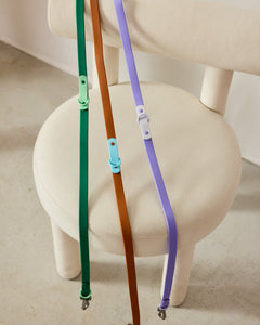 Three colorful dog leashes on a white chair.