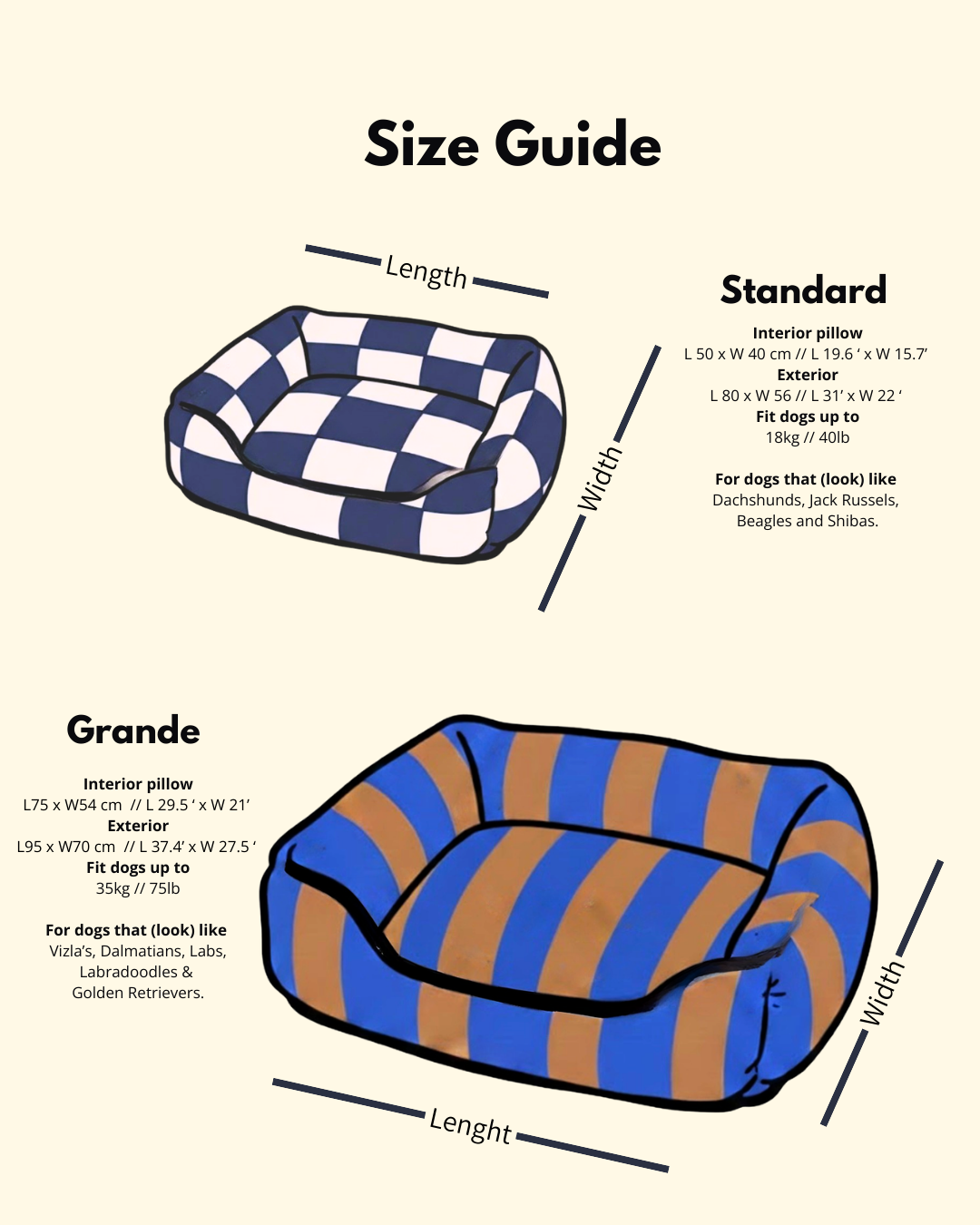 Size guide for the Fritz Nest Bed: Standard and Grande with their dimensions
