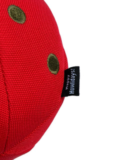 Holiday Ornament woven fabric, green embroidery and Happy Howlidays label detail