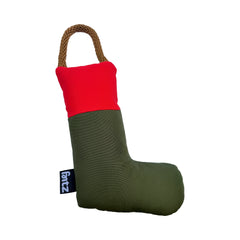 Green Holiday Sock dog toy with a red cuff and brown rope handle