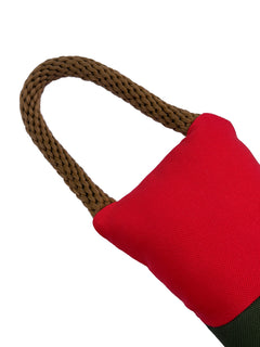 Holiday Sock cotton rope handle and woven red cuff detail