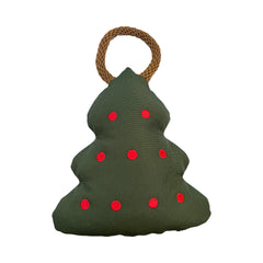 Green Holiday Tree dog toy with red embroidered dots and a brown rope handle