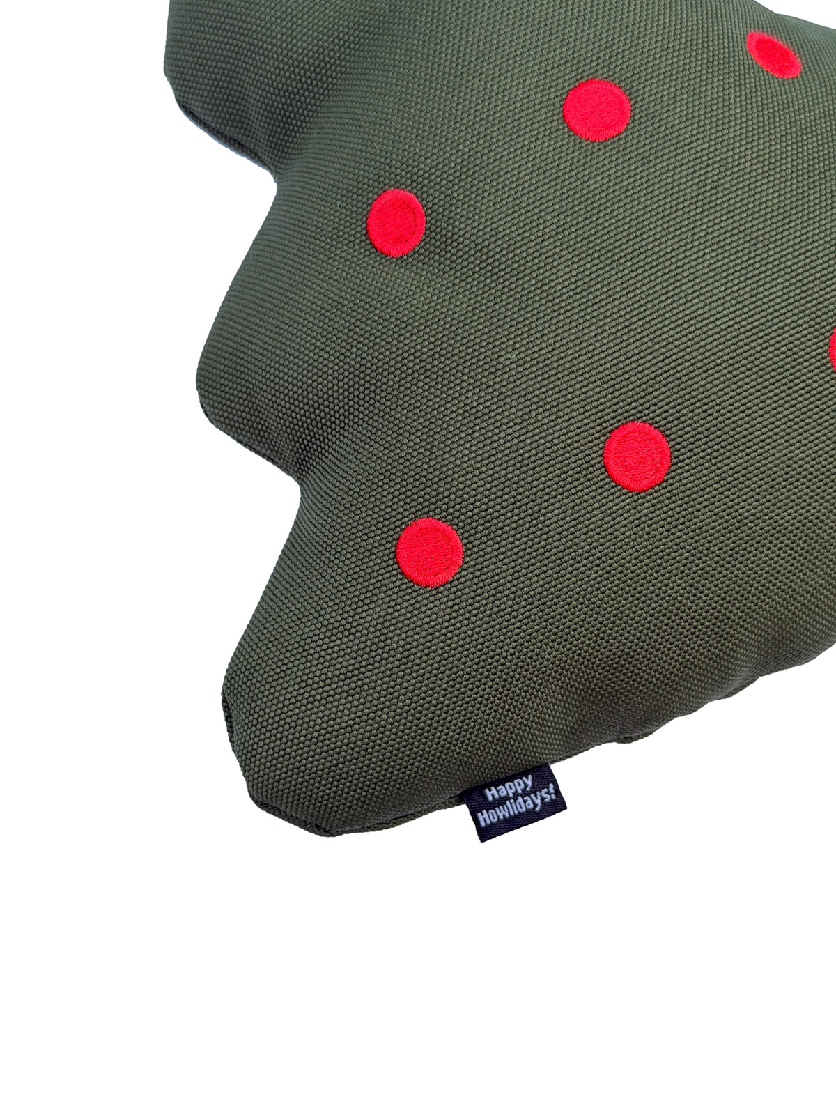 Holiday Tree woven fabric, red embroidery and Happy Howlidays label detail