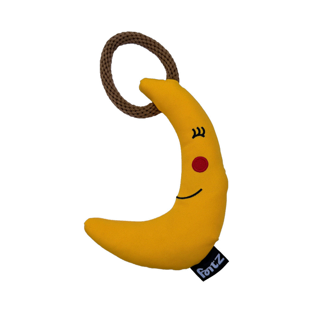 The Luna Dog Toy: yellow moon-shaped tug toy with a cotton rope handle