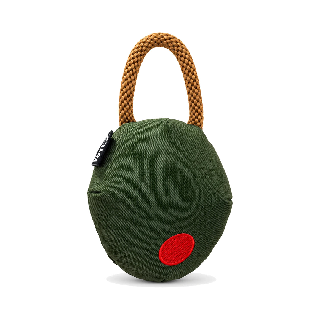 The Olive Dog Toy: green olive-shaped tug toy with a cotton rope handle