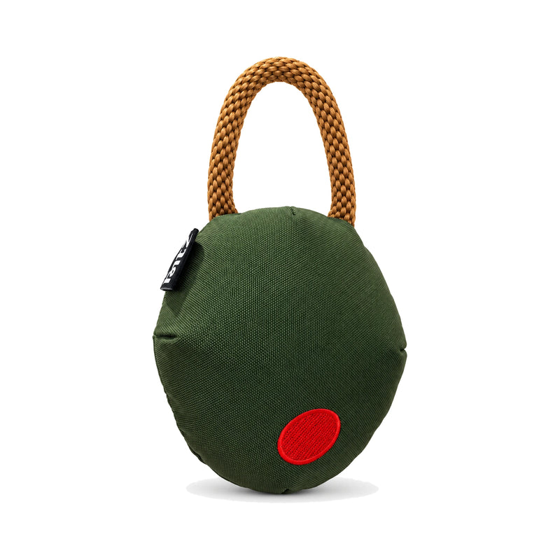 The Olive Dog Toy: green olive-shaped tug toy with a cotton rope handle