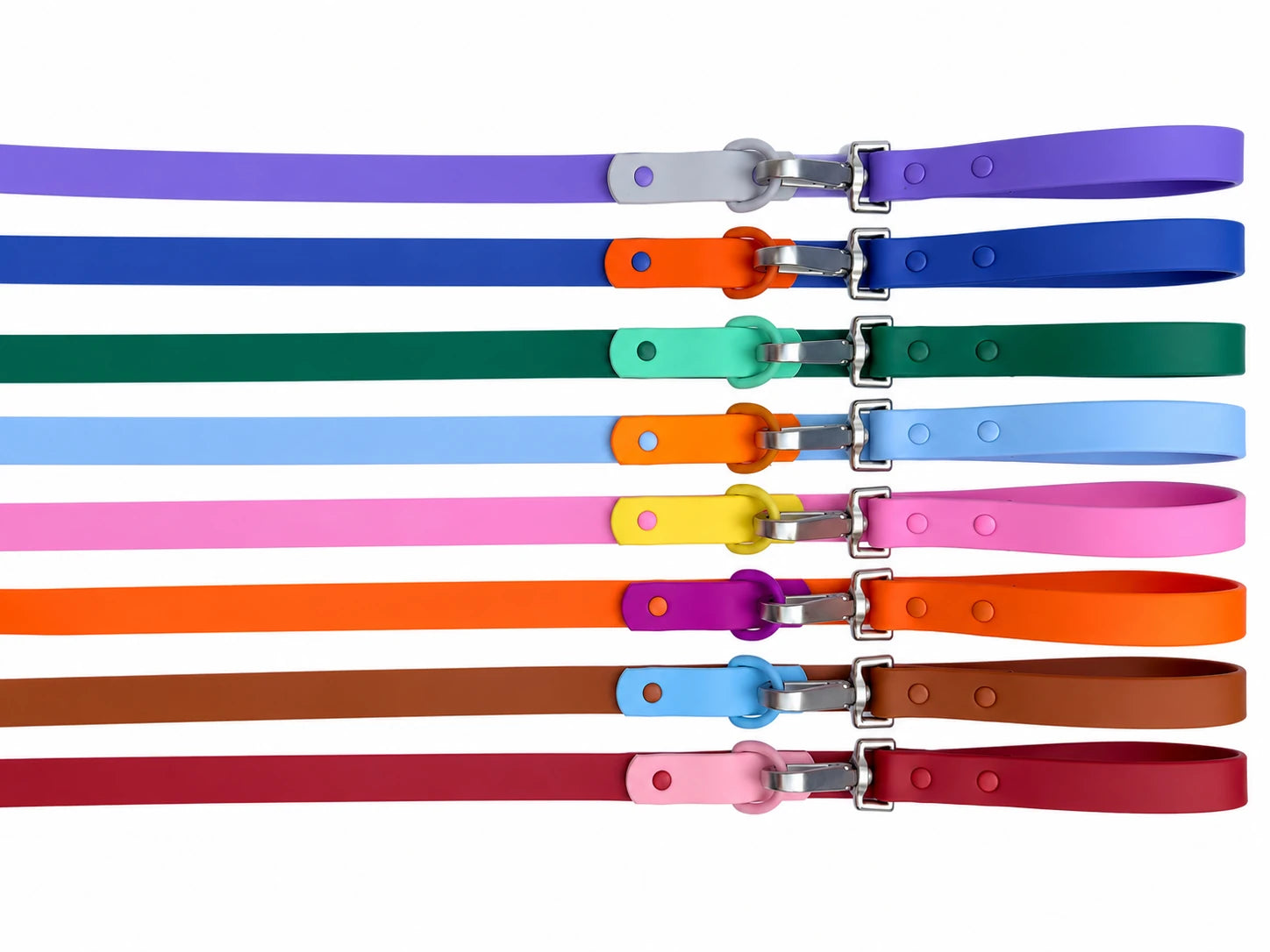 Eight Fritz Leash colours with handles at the top and pointers to the strap, swivel hook and coated D-ring
