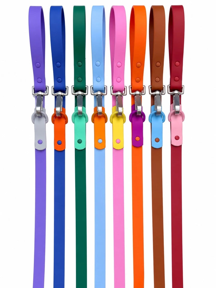 All eight Fritz Leash colours side by side, hooks and rings in view